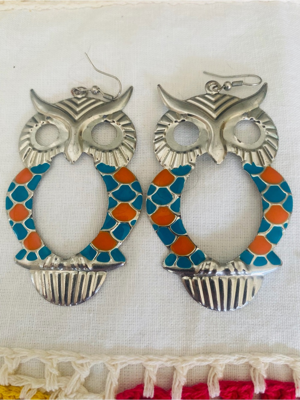 Silver Owl Dangle Earrings with Turquoise & Orange Inlay - Picture 1 of 1